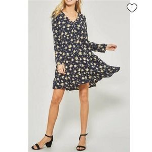 Promesa floral ruffled flare hem long sleeve mini dress navy size small